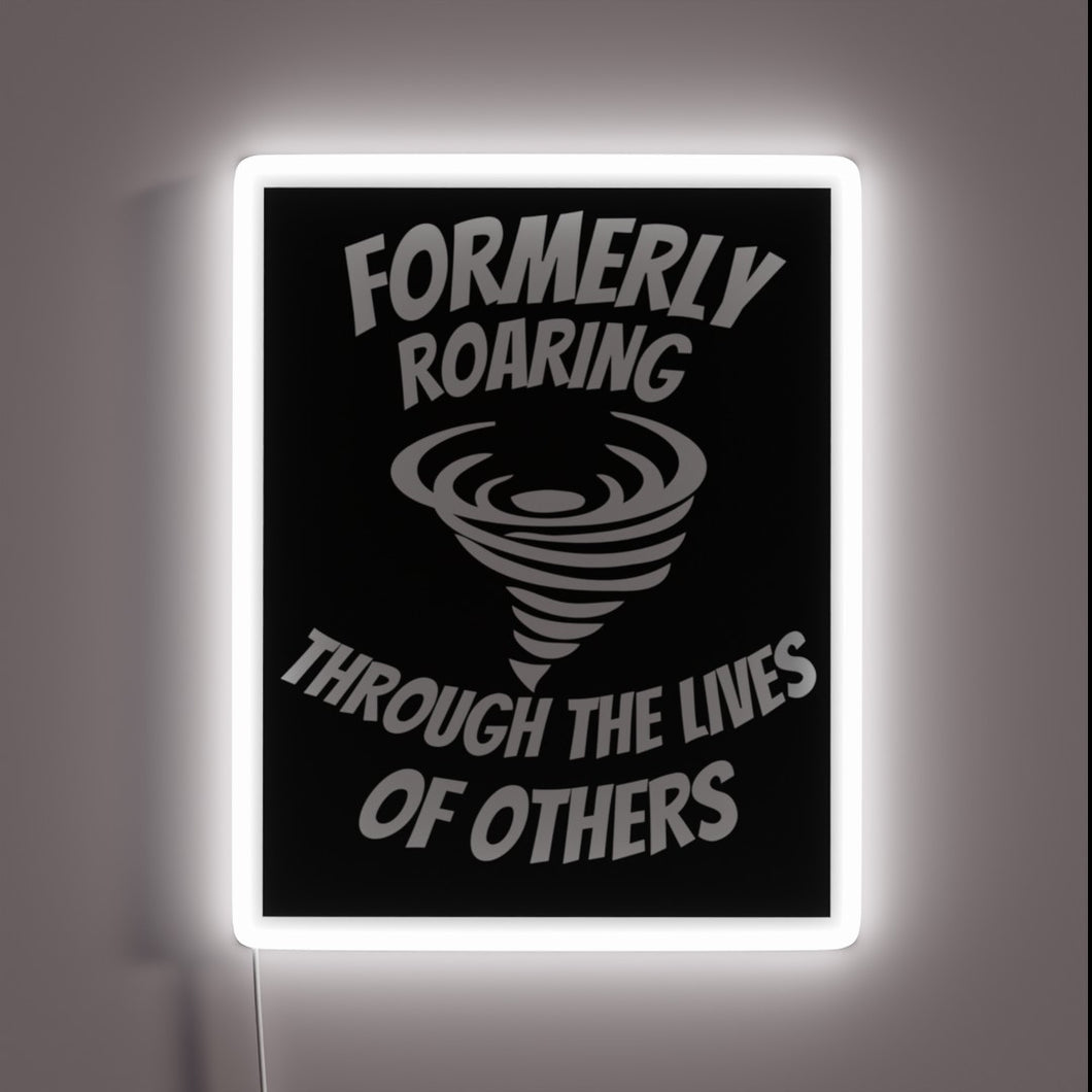 Vintage-inspired tornado warning neon sign in bold black background.