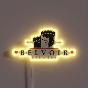 Eye-catching RGB lighting illuminates Fort de Belvoir vintage military theme sign.