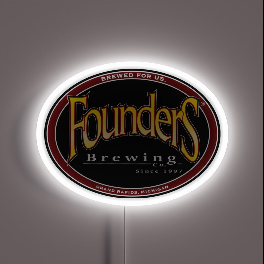 Classic and bold, this neon sign showcases the Founders Brewing Co. logo from Grand Rapids, Michigan — “Brewed for Us” since 1997.