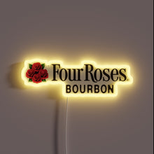 Load image into Gallery viewer, Neon sign of the Four Roses Bourbon logo with red roses and glowing yellow outline.