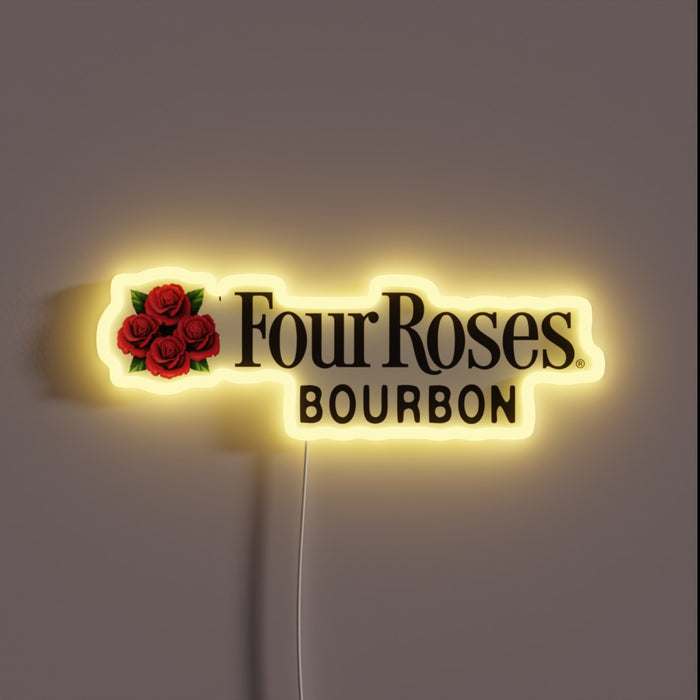 Neon sign of the Four Roses Bourbon logo with red roses and glowing yellow outline.