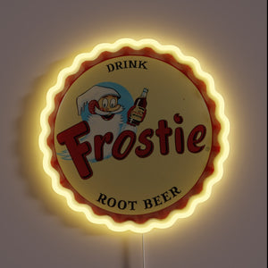 Vintage-style Frostie Root Beer neon sign with colorful LED lighting accents.