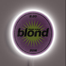 Load image into Gallery viewer, Retro fruit sticker-style &quot;Frank Ocean Blond 2016&quot; neon sign with white glow.