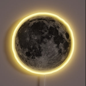 Full moon neon sign with soft glow — space-inspired wall decor.