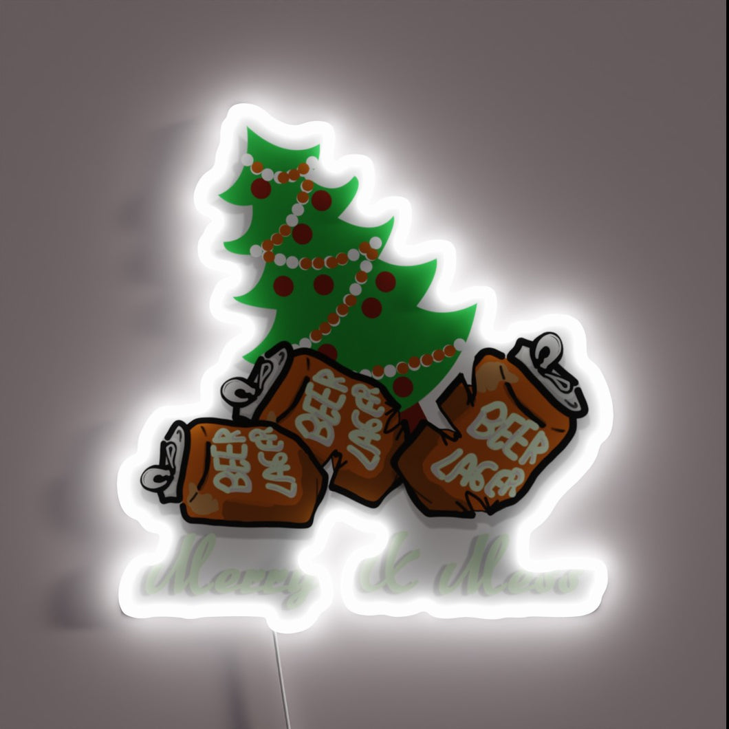 Cheerful Christmas humor illuminated with colorful neon glowing signs outside.