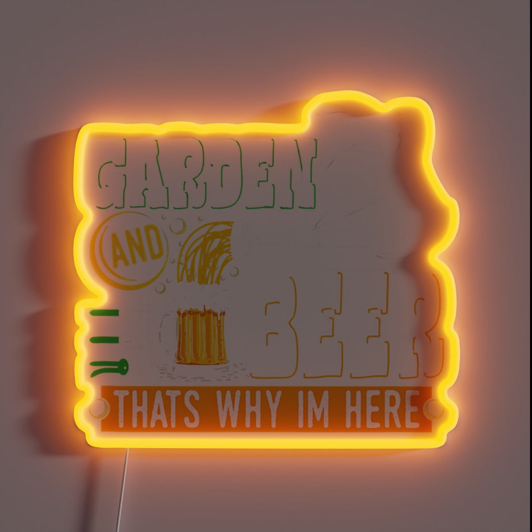 Quirky garden decor with humorous motivation in bold neon letters.