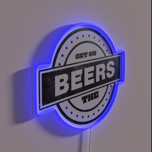 Get on the beers" colorful neon bar pub decor sign.