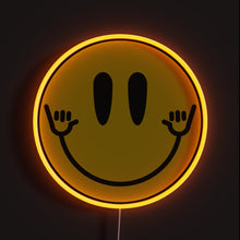 Load image into Gallery viewer, Hang Loose Smiley RGB neon sign, front view lit, printed on acrylic