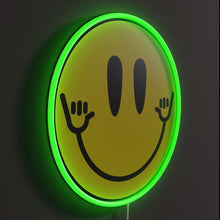 Load image into Gallery viewer, Hang Loose Smiley RGB neon sign, side view lit showing the depth of the acrylic sign