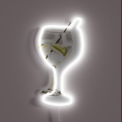 Eye-catching RGB neon sign advertises gin glass cocktail hour essentials.