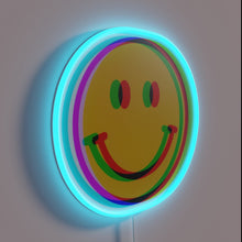 Load image into Gallery viewer, Glitch Smiley Face RGB neon sign, side view lit showing the depth of the acrylic sign