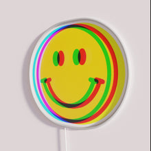 Load image into Gallery viewer, Glitch Smiley Face RGB neon sign, side view with lights off showing acrylic backing and LED tube