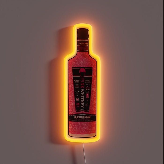 Pink Whitney vodka neon sign with glitter texture and bright orange glow.
