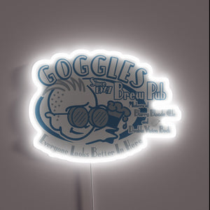 Vibrant RGB lighting illuminates the entrance to Goggles Brew Pub