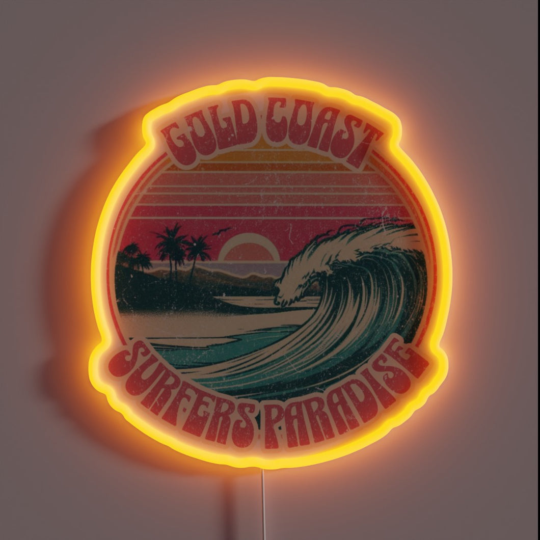 Retro inspired RGB neon sign features iconic surf print artwork.