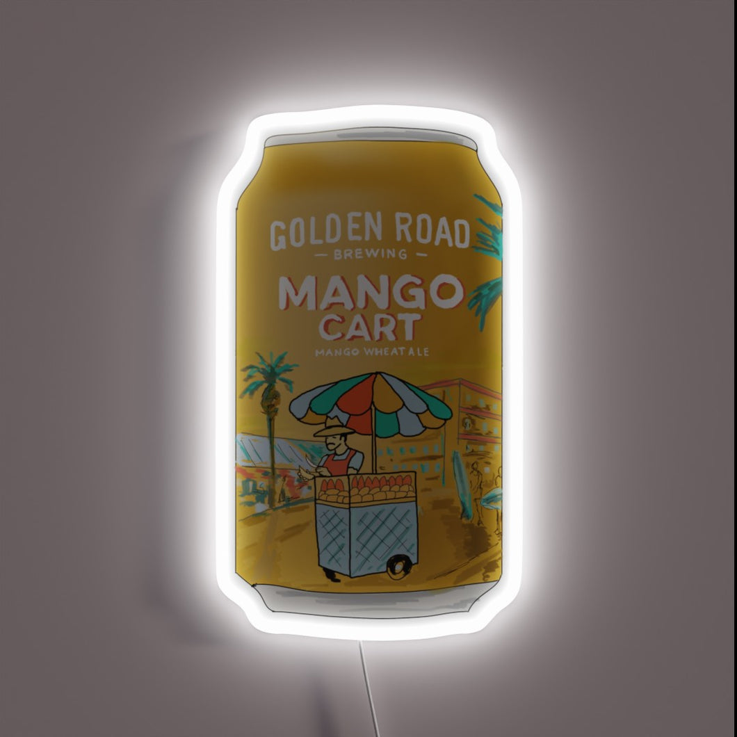 Golden Road Mango Cart wheat ale beer can neon sign with illustrated street vendor and palm trees in warm yellow tones