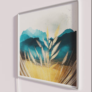 Vibrant Golden Wheat Field Scene with Teal Mountain Neon Backdrop