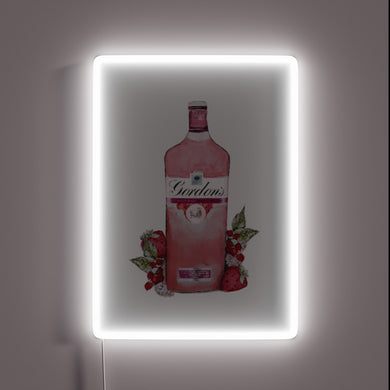 Glowing pink gin spirit neon sign in vibrant RGB hues.