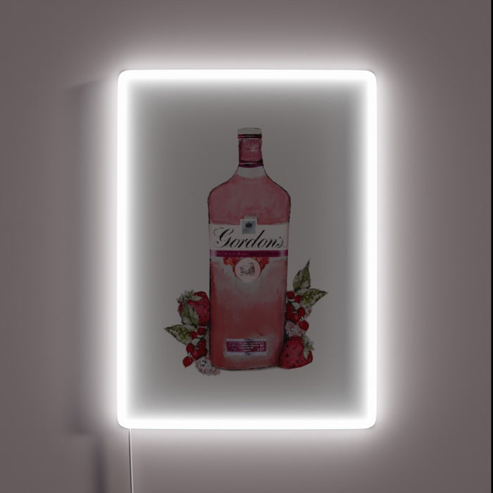 Glowing pink gin spirit neon sign in vibrant RGB hues.