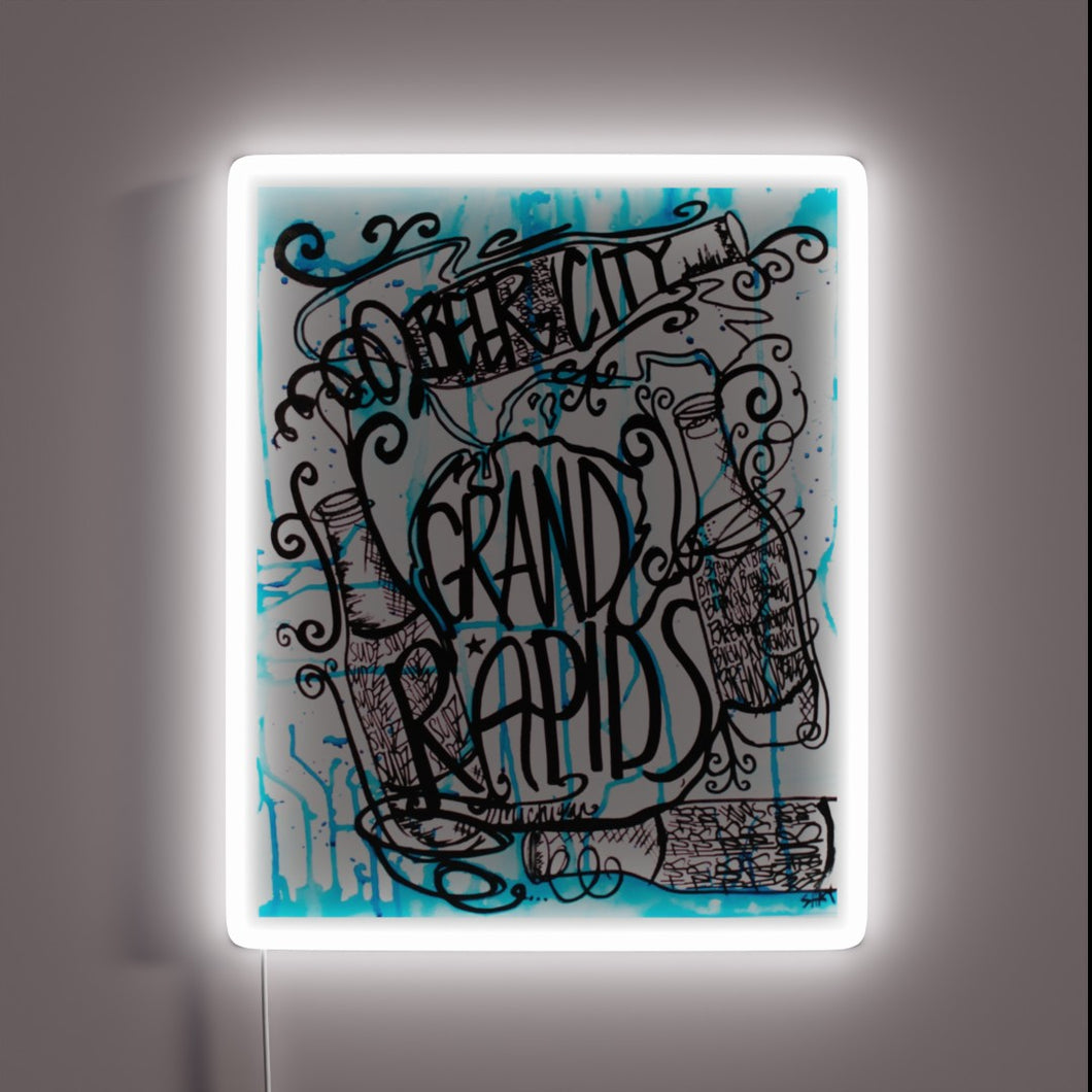 Eye-catching Grand Rapids cityscape illuminated with vibrant RGB neon lights.