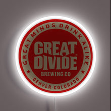 Load image into Gallery viewer, Bold and iconic, this neon sign features the Great Divide Brewing Co. logo with the motto &quot;Great Minds Drink Alike,&quot; celebrating Denver’s craft beer legacy with luminous pride.