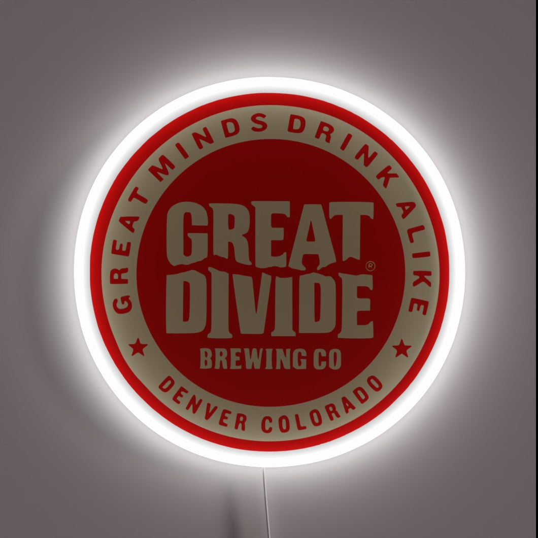 Bold and iconic, this neon sign features the Great Divide Brewing Co. logo with the motto 