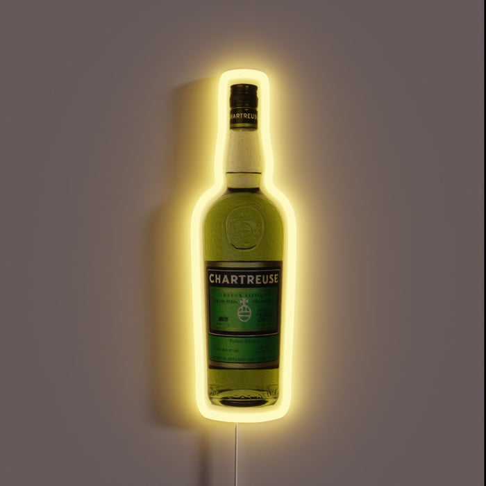 Green Chartreuse bottle neon sign with oil painting style and yellow glow.

