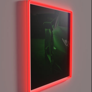 Electric green Lamborghini logo in vibrant RGB neon illumination