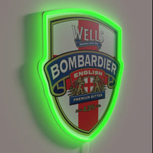 Load image into Gallery viewer, Vibrant RGB neon sign featuring beer skull with happy Bombardier logo