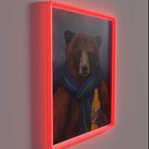 Bold neon signage featuring grizzly bear silhouette in colorful RGB lights