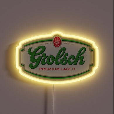 Grolsch Premium Lager neon sign with a classic green, red, and white label design surrounded by a soft yellow glow.
