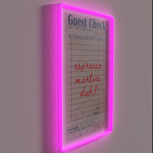 Vibrant RGB neon sign featuring guest check espresso martini design