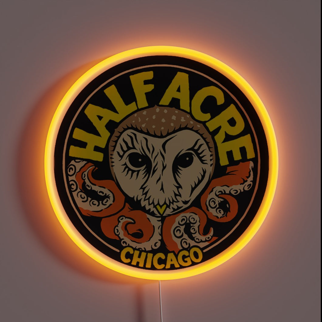 Half Acre Brewing Company neon sign – bold Chicago brewery wall decor featuring owl and tentacle artwork for bars, taprooms, or craft beer enthusiasts