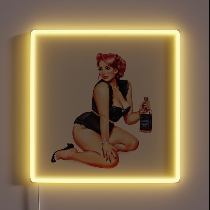Vibrant retro pinup girl sips whiskey with sass and charm.
