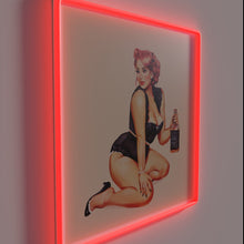 Load image into Gallery viewer, Retro whiskey lover pin-up girl warning sign with neon glow
