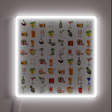 Vibrant LED neon sign advertising happy hour cocktails in bold