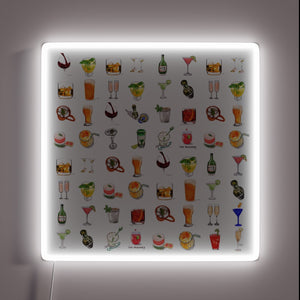 Vibrant LED neon sign advertising happy hour cocktails in bold