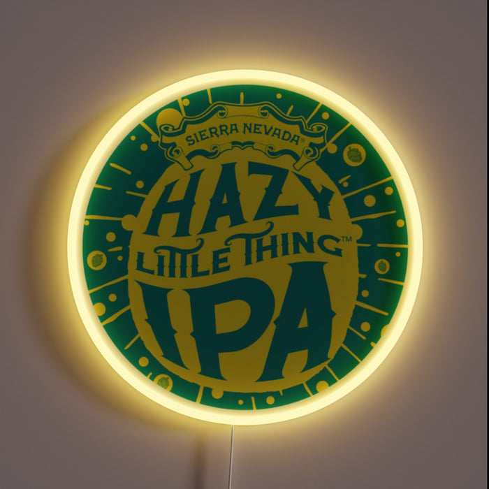 Customneon sign featuring the Hazy Little Thing IPA logo from Sierra Nevada Brewing, with vibrant yellow and green colors surrounded by a glowing yellow neon ring