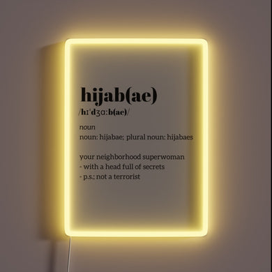 Vibrant, customizable hijab accessory featuring color-changing neons and Arabic lettering.