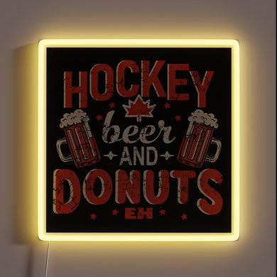 Vibrant neon lightbox featuring hockey-themed beer donut Canadian pride graphics