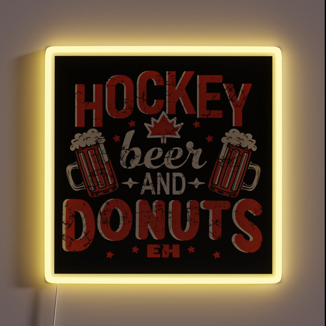 Vibrant neon lightbox featuring hockey-themed beer donut Canadian pride graphics
