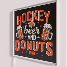 Load image into Gallery viewer, Neon Hockey-Themed Sign with Beer and Donuts Logo Design Illumination