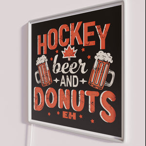 Neon Hockey-Themed Sign with Beer and Donuts Logo Design Illumination