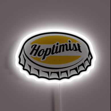 Neon-lit HOPTIMIST bottle cap logo shines with vibrant RGB colors
