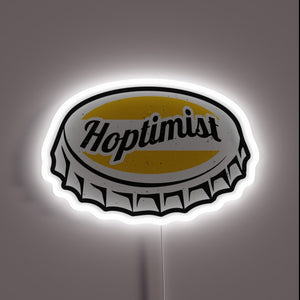 Neon-lit HOPTIMIST bottle cap logo shines with vibrant RGB colors