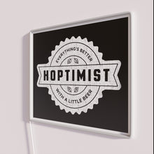 Load image into Gallery viewer, Vibrant Neon Sign Featuring HOPTIMIST Quote about Enjoying Life with Beer