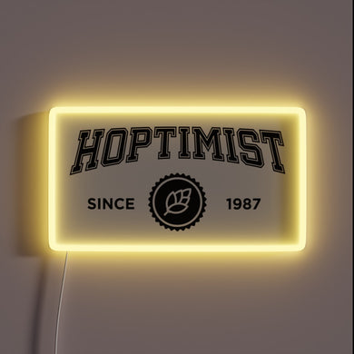 Vintage Neon Sign Featuring Hoptimist University Logo in Retro Style