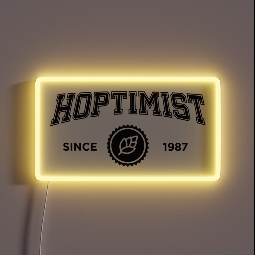 Vintage Neon Sign Featuring Hoptimist University Logo in Retro Style