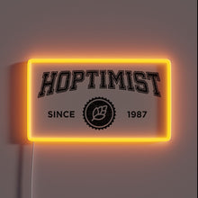 Load image into Gallery viewer, Neon lighted beer sign featuring HOPTIMIST logo in vintage colors