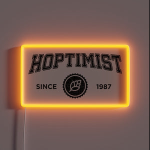 Neon lighted beer sign featuring HOPTIMIST logo in vintage colors